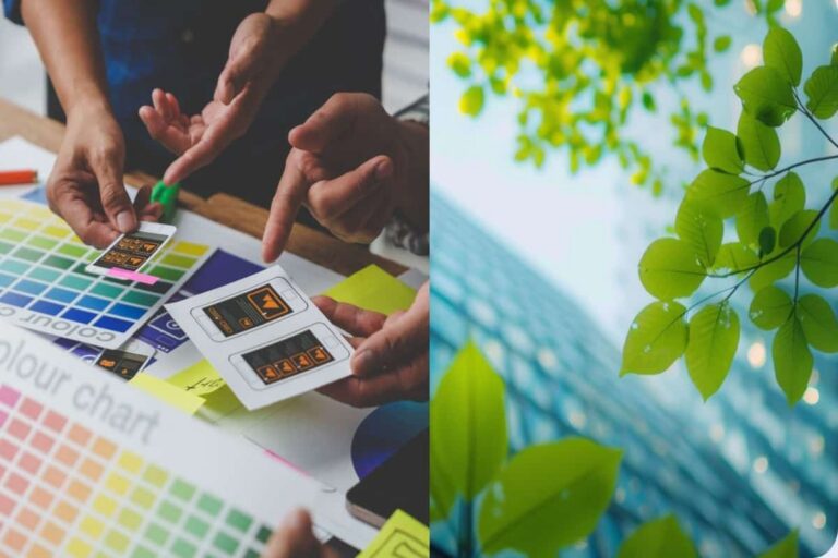 collage of building sorrounded by greenery and printed color samples